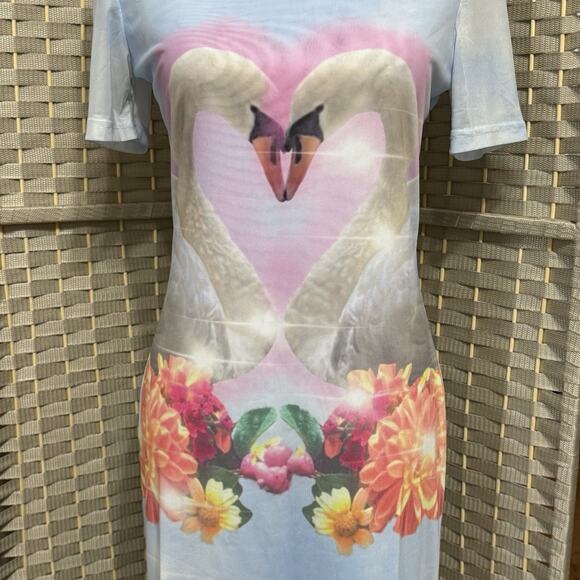 Lazy Oaf Love Birds Fitted Mini Dress Size US 8 Printed Mesh Short Sleeve Swans - Picture 4 of 9